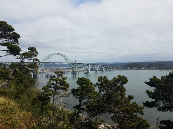 Ponte Metallo Curvato Acqua Alberi Verdi Newport Oregon — Foto Stock