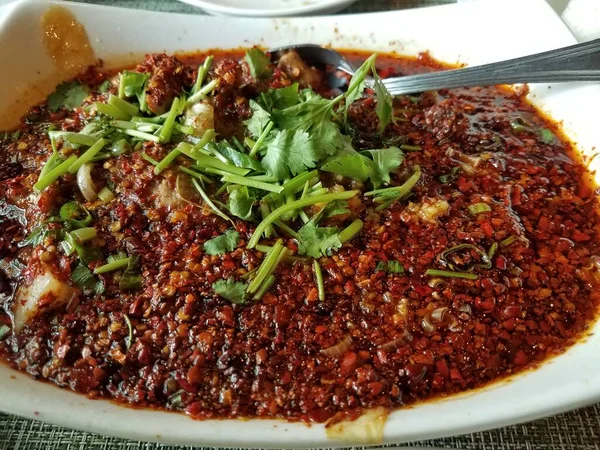 Large Bowl Spicy Chinese Beef Filled Red Peppers Chili Oil — Stock Photo, Image