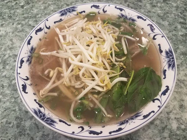 Миска Єтнамського Супу Овочами Зеленому Сірому Столі — стокове фото