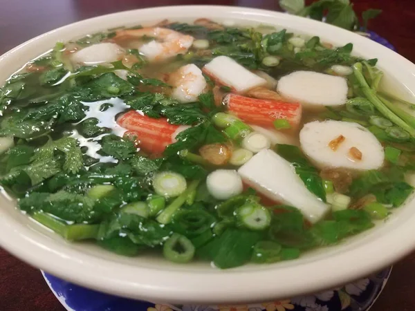 Tazón Sopa Mariscos Vietnamita Caliente Con Pescado Verduras — Foto de Stock