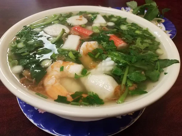 Bol Soupe Fruits Mer Vietnamiens Chauds Avec Poisson Des Légumes — Photo