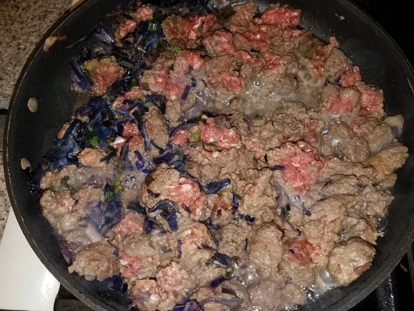 Beef Cabbage Cooking Frying Pan Skillet — Stock Photo, Image