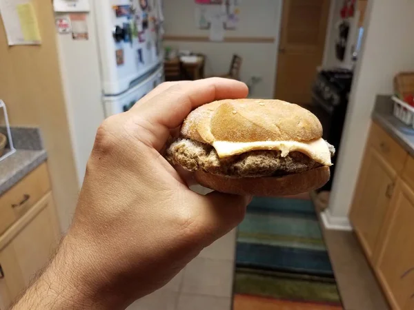 Mão segurando cheeseburger congelado com gelo na cozinha — Fotografia de Stock