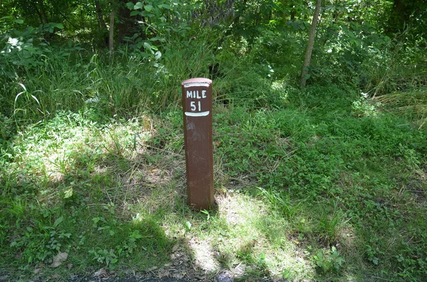 mile marker 51 sign or post and green plants