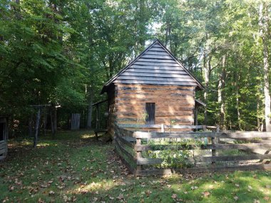 Bahçesi ve ahşap kulübesi olan eski ahşap kulübe.