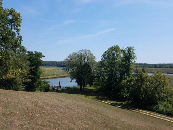 Gräs med flodvatten och träd utomhus och blå himmel — Stockfoto