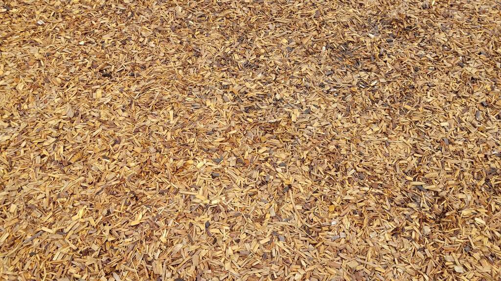 astillas de madera marrón húmedo o mantillo o polvo de corteza en el