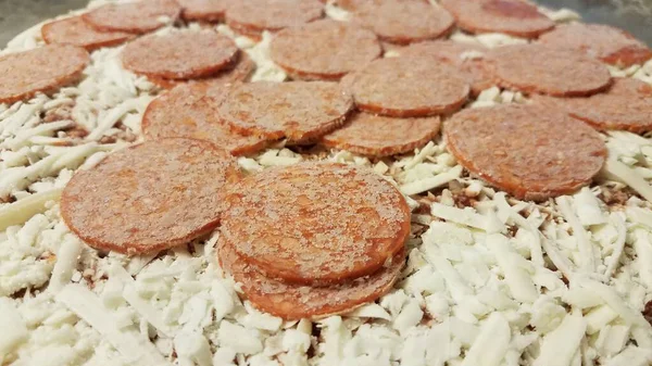 Carne de pepperoni congelada na pizza na bandeja de cozedura metálica — Fotografia de Stock