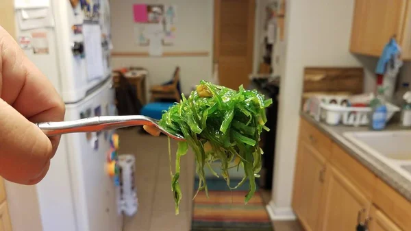 Widelec do trzymania ręki z zielonymi wodorostami warzywnymi — Zdjęcie stockowe