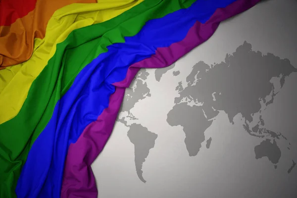 Waving Colorful Gay Rainbow Flag Gray World Map Background — Stock Photo, Image