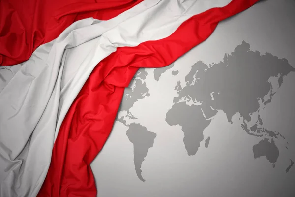 Sventolando Bandiera Nazionale Colorata Austria Sfondo Grigio Mappa Del Mondo — Foto Stock