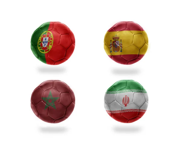 Ποδόσφαιρο Ομάδα Ομάδα Ρεαλιστική Ποδοσφαίρου Μπάλες Εθνικές Σημαίες Πορτογαλία Ισπανία — Φωτογραφία Αρχείου