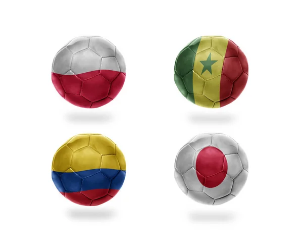 Fußballmannschaftsgruppe Realistische Fußballbälle Mit Nationalflaggen Von Polen Senegal Kolumbien Japan — Stockfoto