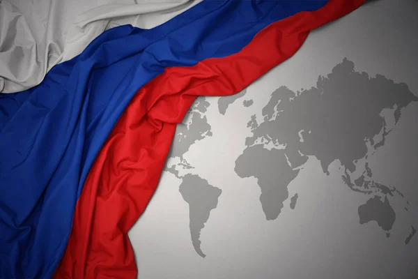 Waving Colorful National Flag Russia Gray World Map Background — Stock Photo, Image