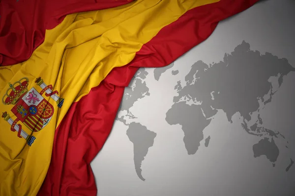 Waving Colorful National Flag Spain Gray World Map Background — Stock Photo, Image