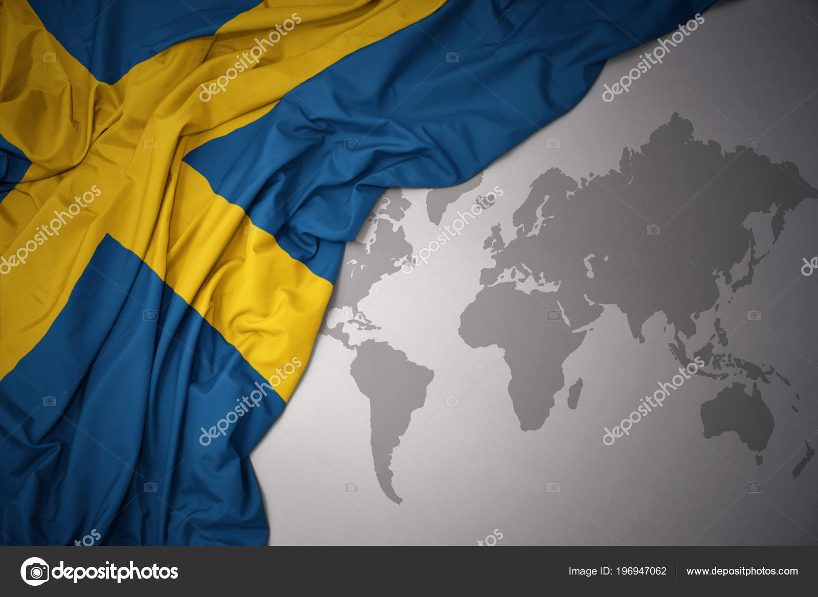 Agitant Drapeau National Coloré Suède Sur Fond Carte Monde