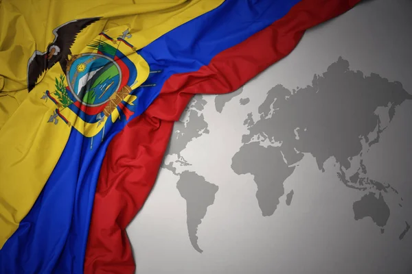 Mává Barevné Státní Vlajka Ekvádoru Pozadí Mapy Svět — Stock fotografie