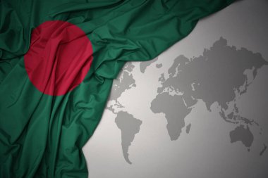Bangladeş gri dünya harita arka plan üzerinde renkli ulusal bayrak sallayarak.