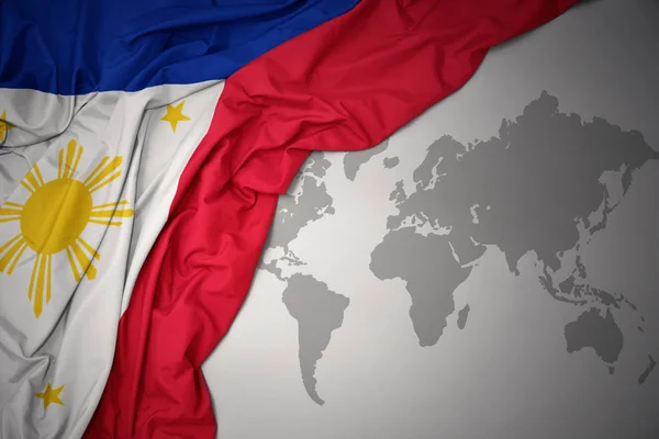 Waving Colorful National Flag Philippines Gray World Map Background — Stock Photo, Image