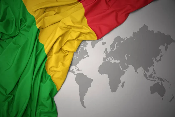 Waving Colorful National Flag Mali Gray World Map Background — Stock Photo, Image