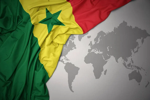 Waving Colorful National Flag Senegal Gray World Map Background — Stock Photo, Image