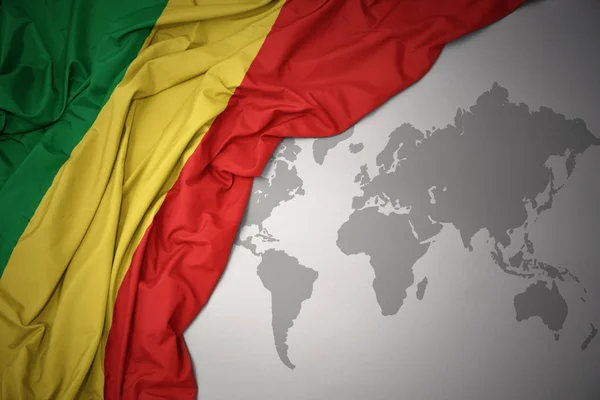 Waving Colorful National Flag Republic Congo Gray World Map Background — Stock Photo, Image