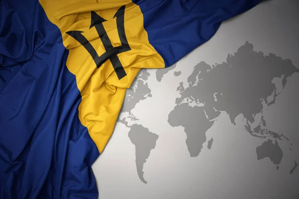 Ondeando Colorida Bandera Nacional Barbados Sobre Fondo Gris Del Mapa —  Fotos de Stock