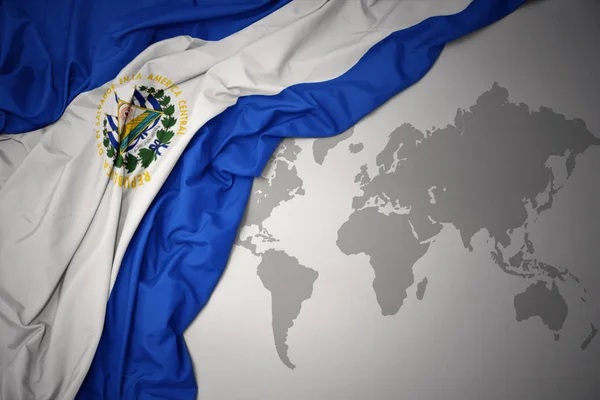 Ondeando Colorida Bandera Nacional Del Salvador Sobre Fondo Gris Del — Foto de Stock