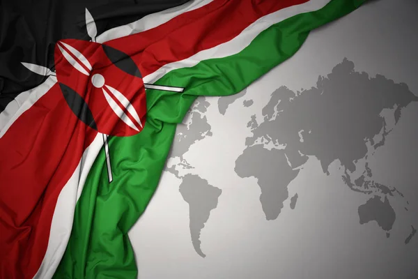 Waving Colorful National Flag Kenya Gray World Map Background — Stock Photo, Image