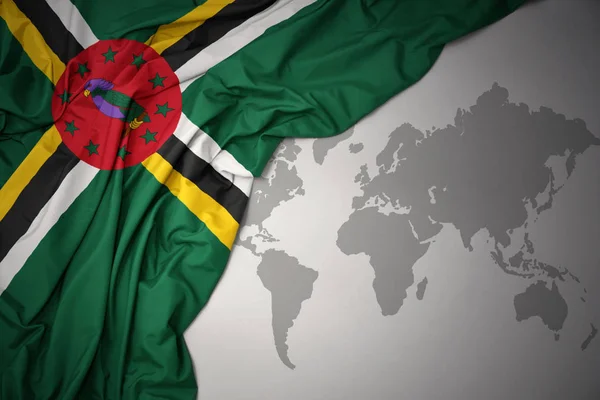 Ondeando Colorida Bandera Nacional Dominica Sobre Fondo Gris Del Mapa — Foto de Stock