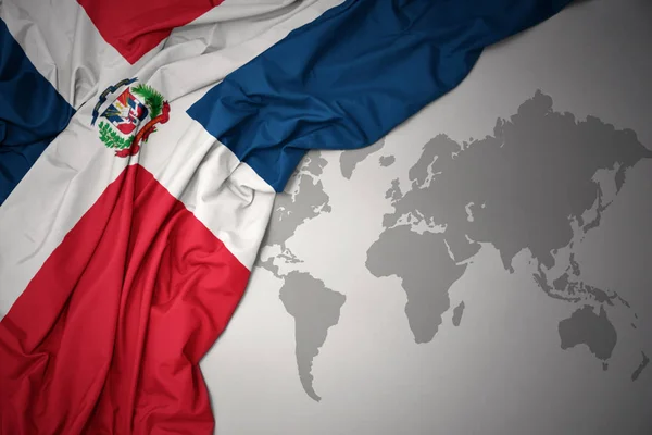 Ondeando Colorida Bandera Nacional República Dominicana Fondo Gris Mapa Del — Foto de Stock