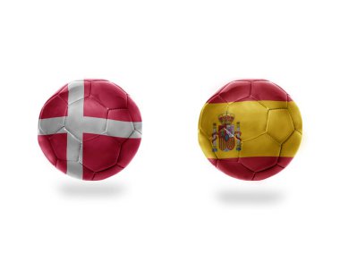 futbol topları ile Danimarka ve spain.isolated beyaz zemin üzerine Ulusal bayrakları. 3D çizim