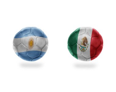 futbol topları ile Arjantin ve mexico.isolated beyaz zemin üzerine Ulusal bayrakları. 3D çizim