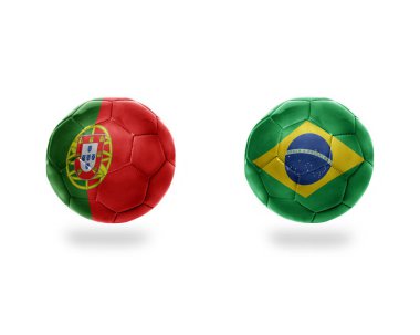 futbol topları ile Brezilya ve portugal.isolated beyaz zemin üzerine Ulusal bayrakları. 3D çizim