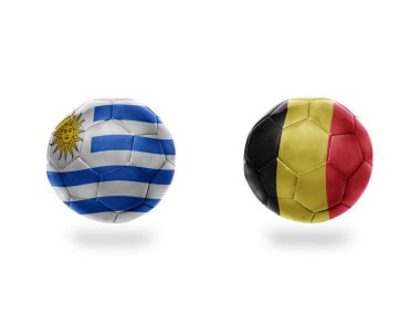 futbol topları ile Belçika ve uruguay.isolated beyaz zemin üzerine Ulusal bayrakları. 3D çizim