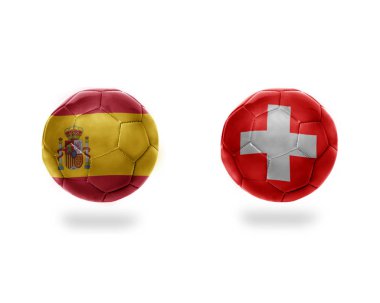 İsviçre ve spain.isolated beyaz zemin üzerine Ulusal bayrakları taşıyan futbol topları. 3D çizim