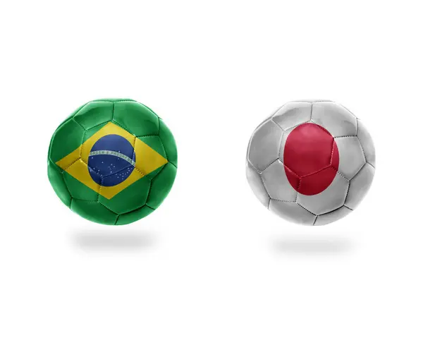 Bolas Futebol Com Bandeiras Nacionais Brasil Japan Isoladas Fundo Branco — Fotografia de Stock