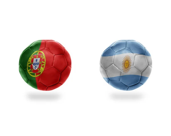 橄榄球球以阿根廷和葡萄牙的国旗 在白色背景上被隔离 — 图库照片