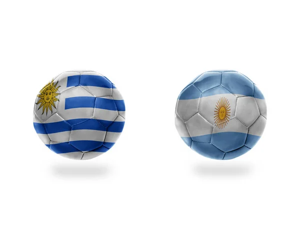 Pelotas Fútbol Con Banderas Nacionales Argentina Uruguay Aisladas Sobre Fondo —  Fotos de Stock