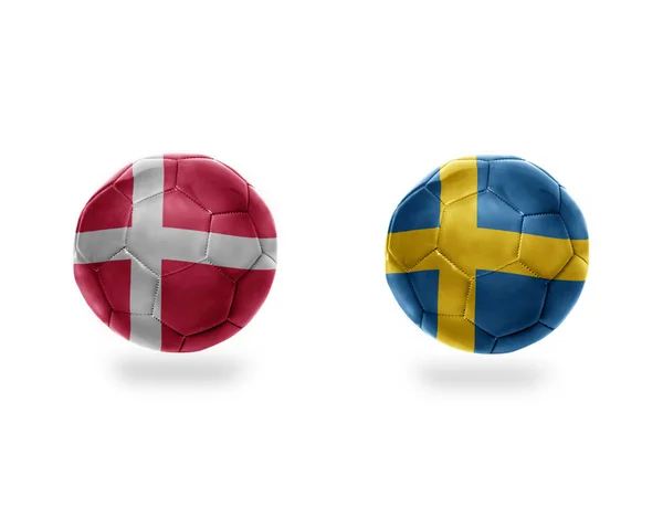 Fotbalové Míče Státní Vlajky Švédska Denmark Isolated Bílém Pozadí Obrázek — Stock fotografie