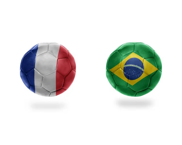 Voetbal Ballen Met Nationale Vlaggen Van Brazilië France Isolated Witte — Stockfoto