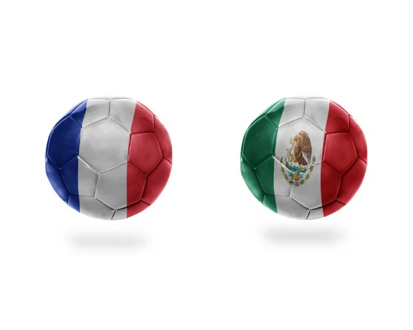 Voetbal Ballen Met Nationale Vlaggen Van Mexico France Isolated Witte — Stockfoto