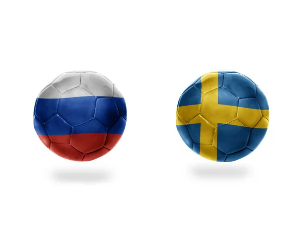 Voetbal Ballen Met Nationale Vlaggen Van Zweden Russia Isolated Witte — Stockfoto
