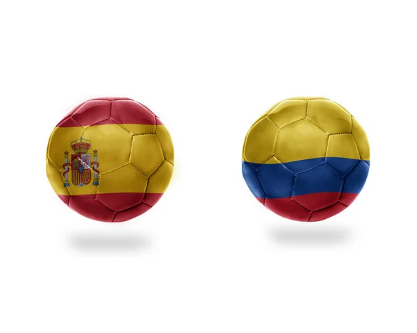 Piłka Nożna Piłki Flagi Narodowe Kolumbii Spain Isolated Białym Tle — Zdjęcie stockowe