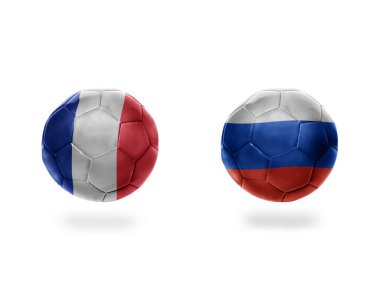 futbol topları ile Fransa ve russia.isolated beyaz zemin üzerine Ulusal bayrakları. 3D çizim