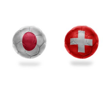 futbol topları ile Japonya ve switzerland.isolated beyaz zemin üzerine Ulusal bayrakları. 3D çizim