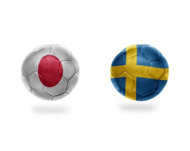 futbol topları ile Japonya ve sweden.isolated beyaz zemin üzerine Ulusal bayrakları. 3D çizim