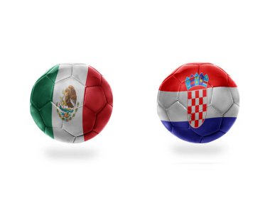 Meksika ve croatia.isolated beyaz zemin üzerine Ulusal bayrakları taşıyan futbol topları. 3D çizim