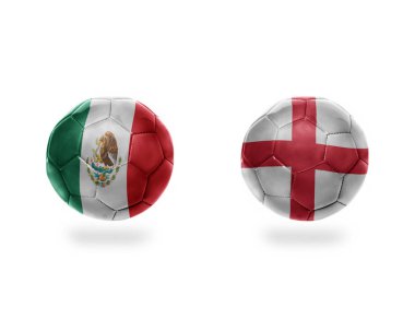 Meksika ve england.isolated beyaz zemin üzerine Ulusal bayrakları taşıyan futbol topları. 3D çizim