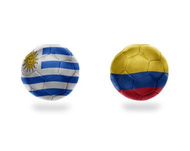 futbol topları ile uruguay ve colombia.isolated beyaz zemin üzerine Ulusal bayrakları. 3D çizim